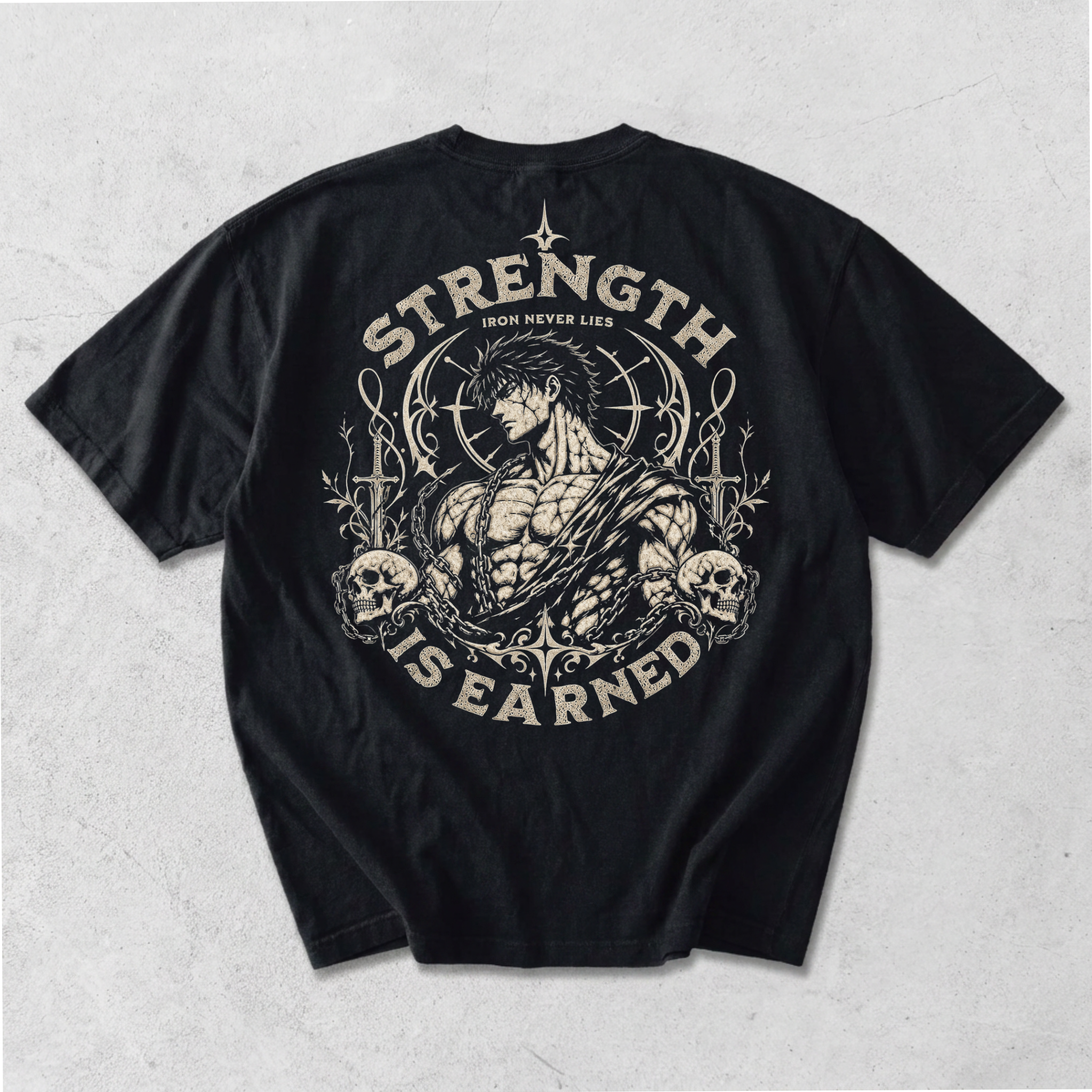 "Strength Is Earned, Iron Never Lies" Dark Anime Style Graphic Tee