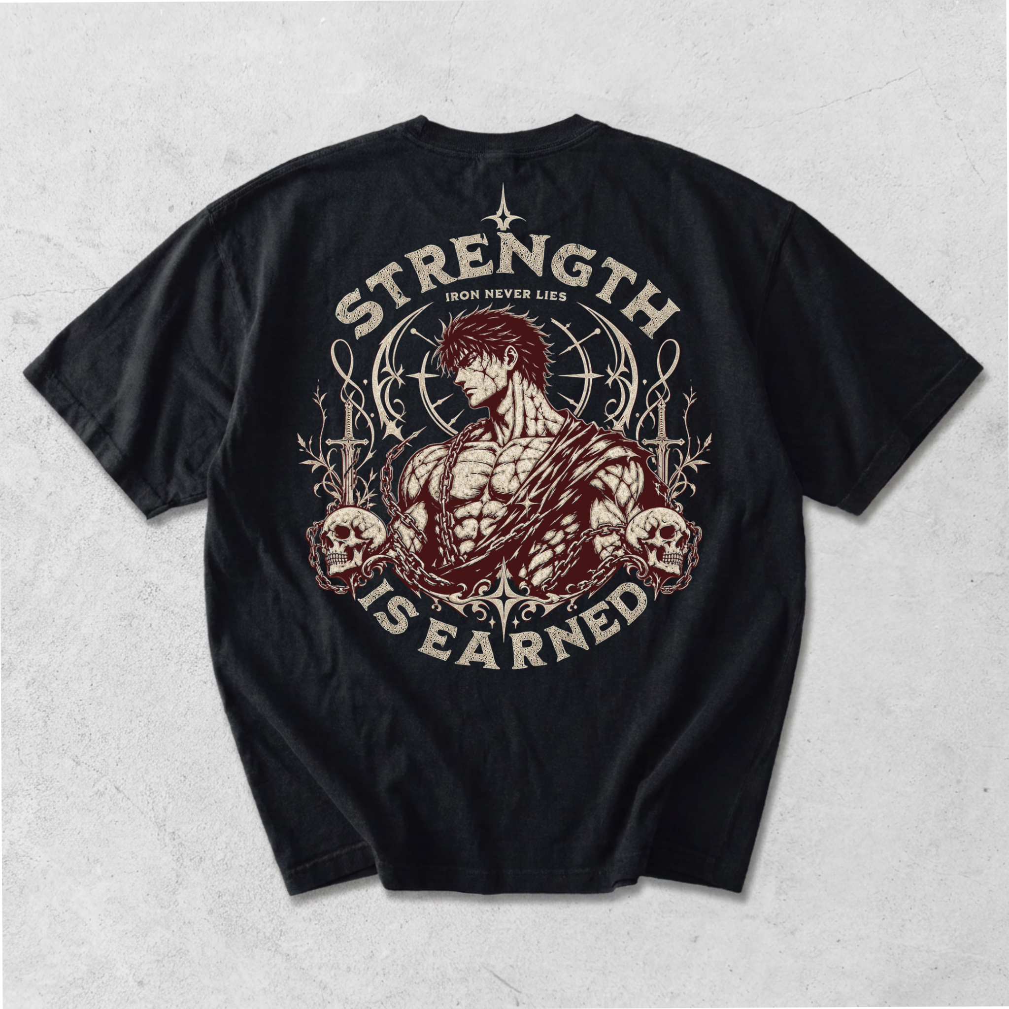 "Strength Is Earned, Iron Never Lies" Dark Anime Style "Combined" Graphic Tee