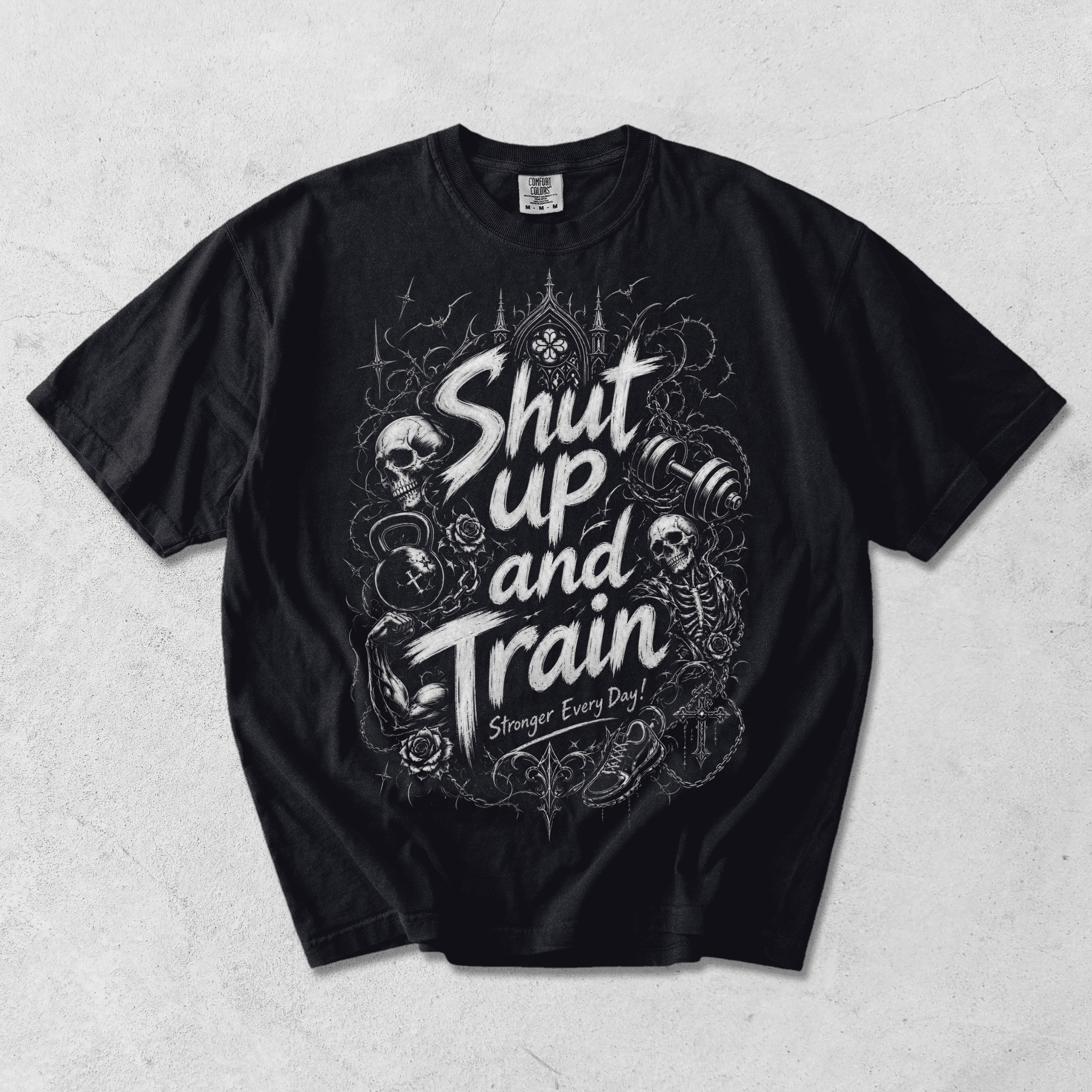 Shut Up and Train | Monochrome Gothic Gym T-Shirt | Comfort Colors 1717 | Tattoo-Style Skull Fitness Tee